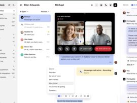 Intercom Fin customer support dashboard with live video call and AI-generated refund response.
